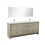 Lafarre 80 Rustic Acacia Double Vanity, White Quartz Top, White Square Sinks, Monte Chrome Faucet Set, and 70 Frameless Mirro