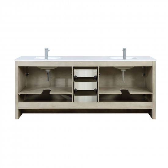 Lafarre 80 Rustic Acacia Double Vanity, White Quartz Top, White Square Sinks, Monte Chrome Faucet Set, and 70 Frameless Mirro