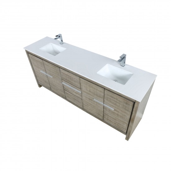 Lafarre 80" Rustic Acacia Double Bathroom Vanity, White Quartz Top, White Square Sinks, and Labaro Brushed Nickel Faucet Set