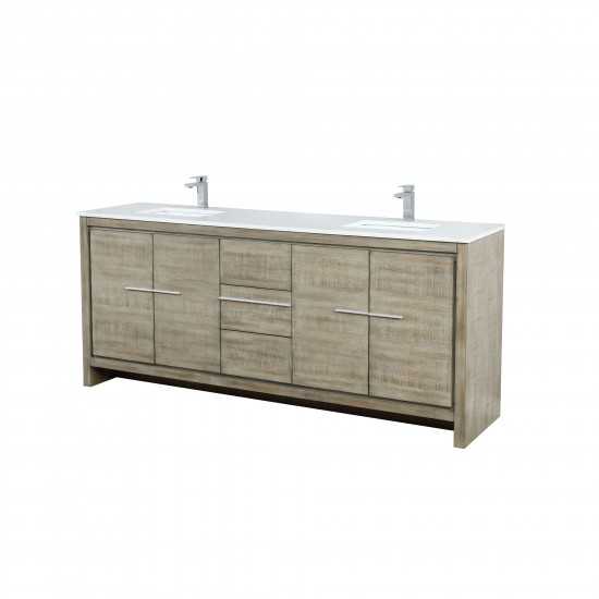 Lafarre 80" Rustic Acacia Double Bathroom Vanity, White Quartz Top, White Square Sinks, and Labaro Brushed Nickel Faucet Set