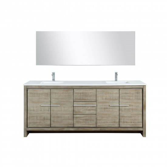 Lafarre 80" Rustic Acacia Double Vanity, White Quartz Top, Square Sinks, Labaro Brushed Nickel Faucet Set, and 70" Mirror