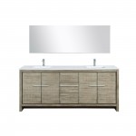 Lafarre 80" Rustic Acacia Double Vanity, White Quartz Top, Square Sinks, Labaro Rose Gold Faucet Set, and 70" Mirror