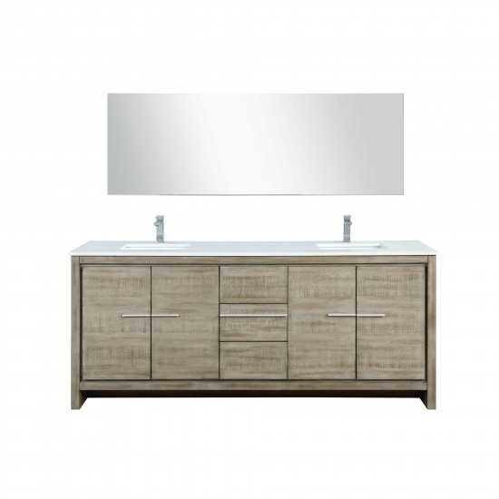 Lafarre 80" Rustic Acacia Double Vanity, White Quartz Top, Square Sinks, Labaro Rose Gold Faucet Set, and 70" Mirror