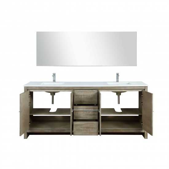 Lafarre 80" Rustic Acacia Double Vanity, White Quartz Top, Square Sinks, Labaro Rose Gold Faucet Set, and 70" Mirror