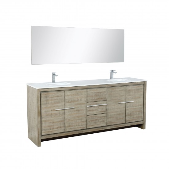 Lafarre 80" Rustic Acacia Double Vanity, White Quartz Top, Square Sinks, Labaro Rose Gold Faucet Set, and 70" Mirror