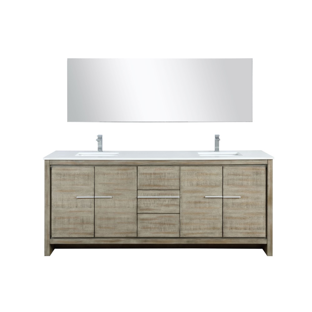 Lafarre 80" Rustic Acacia Double Vanity, White Quartz Top, Square Sinks, Balzani Gun Metal Faucet Set, and 70" Mirror Lafarre 80" Rustic Acacia Double Vanity, White Quartz Top, Square Sinks, Balzani Gun Metal Faucet Set, and 70" Mirror