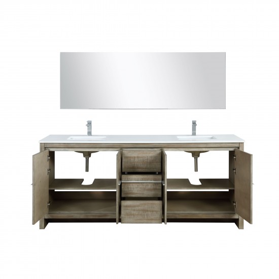 Lafarre 80" Rustic Acacia Double Vanity, White Quartz Top, Square Sinks, Balzani Gun Metal Faucet Set, and 70" Mirror