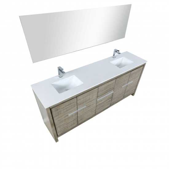Lafarre 80" Rustic Acacia Double Vanity, White Quartz Top, Square Sinks, Balzani Gun Metal Faucet Set, and 70" Mirror
