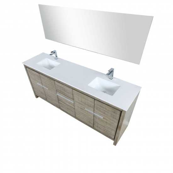 Lafarre 80" Rustic Acacia Double Vanity, White Quartz Top, Square Sinks, Balzani Gun Metal Faucet Set, and 70" Mirror
