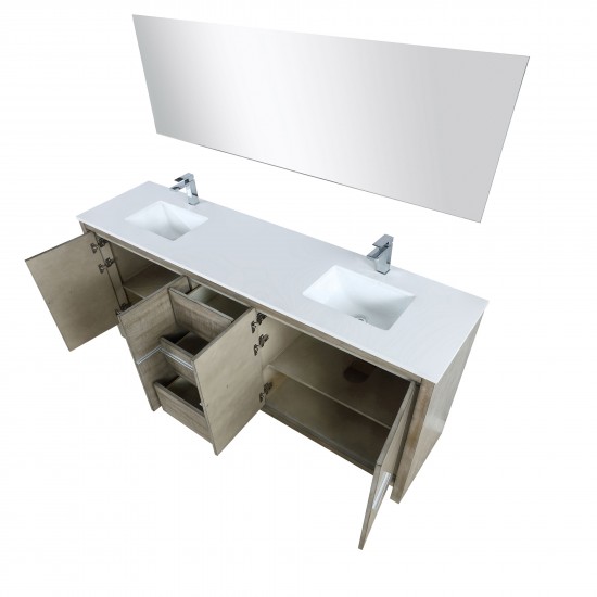 Lafarre 80" Rustic Acacia Double Vanity, White Quartz Top, Square Sinks, Balzani Gun Metal Faucet Set, and 70" Mirror
