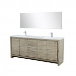 Lafarre 80" Rustic Acacia Double Vanity, White Quartz Top, Square Sinks, Balzani Gun Metal Faucet Set, and 70" Mirror