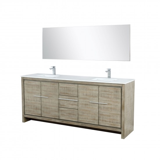 Lafarre 80" Rustic Acacia Double Vanity, White Quartz Top, Square Sinks, Balzani Gun Metal Faucet Set, and 70" Mirror