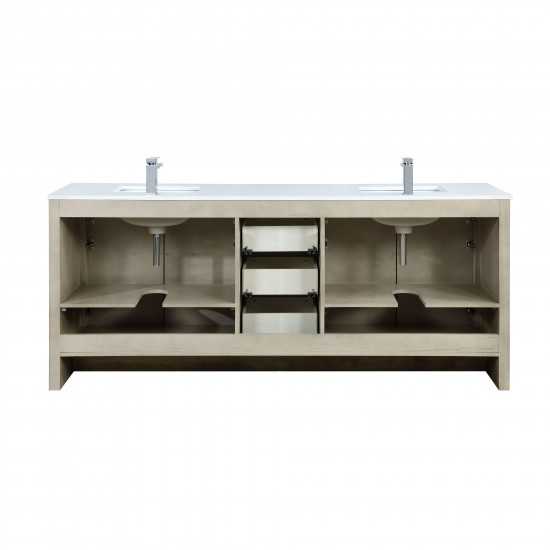 Lafarre 80" Rustic Acacia Double Vanity, White Quartz Top, Square Sinks, Balzani Gun Metal Faucet Set, and 70" Mirror