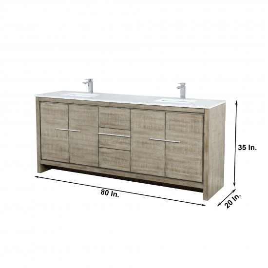 Lafarre 80" Rustic Acacia Double Vanity, White Quartz Top, Square Sinks, Balzani Gun Metal Faucet Set, and 70" Mirror