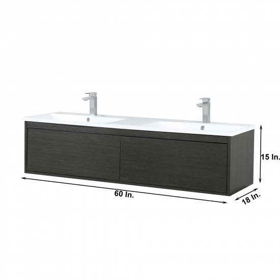 Sant 60" Iron Charcoal Double Vanity, Acrylic Composite Top with Integrated Sinks, Labaro Brushed Nickel Faucet Set, 55" Mirr