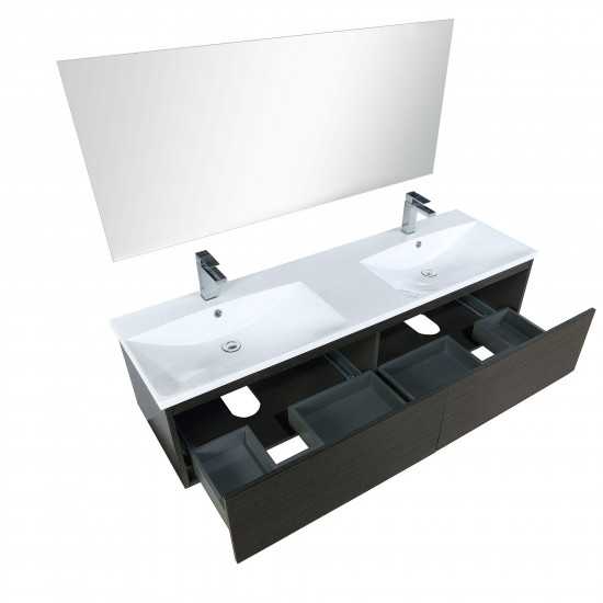 Sant 60" Iron Charcoal Double Vanity, Reinforced Acrylic Composite Countertop, Sinks, Labaro Rose Gold Faucet Set, 55" Mirror