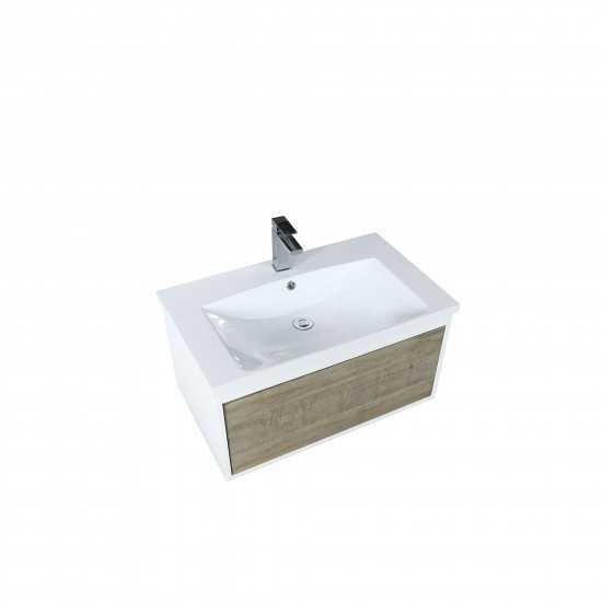 Scopi 30" Rustic Acacia Bathroom Vanity, Acrylic Composite Top with Integrated Sink, and Labaro Brushed Nickel Faucet Set