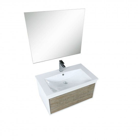 Scopi 30" Rustic Acacia Vanity, Acrylic Composite Top with Integrated Sink, Labaro Brushed Nickel Faucet Set, and 28" Mirror