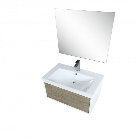 Scopi 30" Rustic Acacia Vanity, Acrylic Composite Top with Integrated Sink, Labaro Brushed Nickel Faucet Set, and 28" Mirror