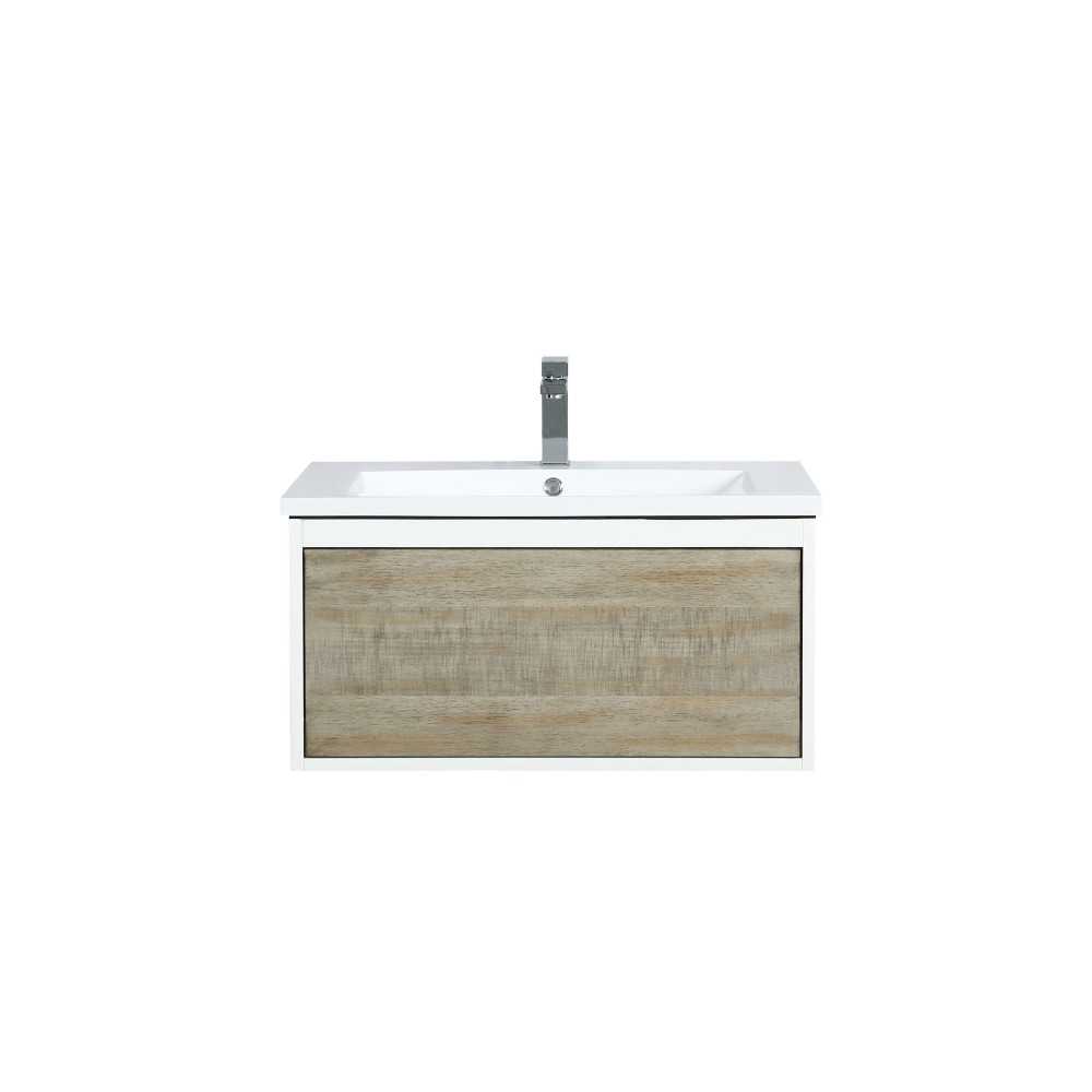 Scopi 30" Rustic Acacia Bathroom Vanity, Acrylic Composite Top with Integrated Sink, and Labaro Rose Gold Faucet Set