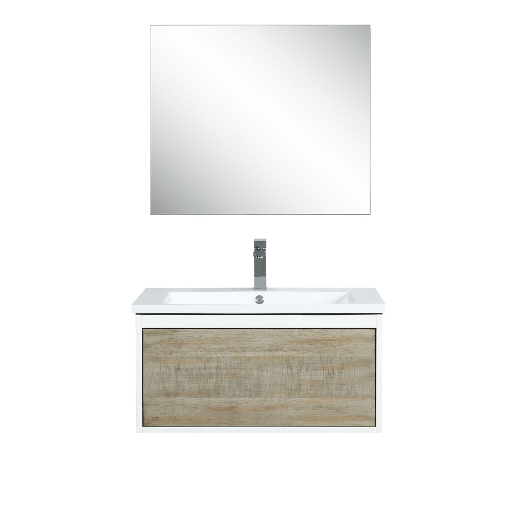 Scopi 30" Rustic Acacia Vanity, Acrylic Composite Top with Integrated Sink, Labaro Rose Gold Faucet Set, and 28" Mirror