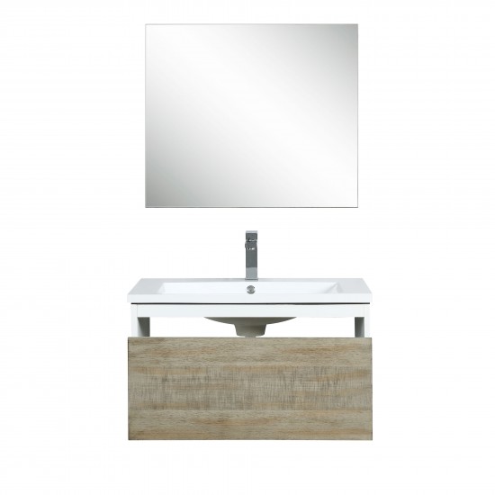 Scopi 30" Rustic Acacia Vanity, Acrylic Composite Top with Integrated Sink, Labaro Rose Gold Faucet Set, and 28" Mirror