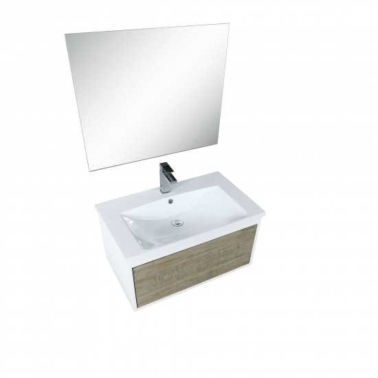 Scopi 30" Rustic Acacia Vanity, Acrylic Composite Top with Integrated Sink, Labaro Rose Gold Faucet Set, and 28" Mirror