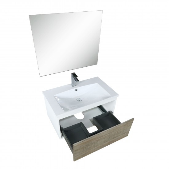 Scopi 30" Rustic Acacia Vanity, Acrylic Composite Top with Integrated Sink, Labaro Rose Gold Faucet Set, and 28" Mirror