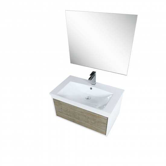 Scopi 30" Rustic Acacia Vanity, Acrylic Composite Top with Integrated Sink, Labaro Rose Gold Faucet Set, and 28" Mirror