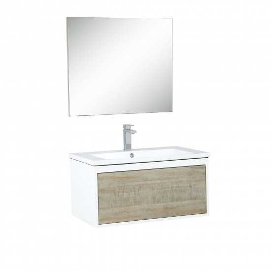 Scopi 30" Rustic Acacia Vanity, Acrylic Composite Top with Integrated Sink, Labaro Rose Gold Faucet Set, and 28" Mirror