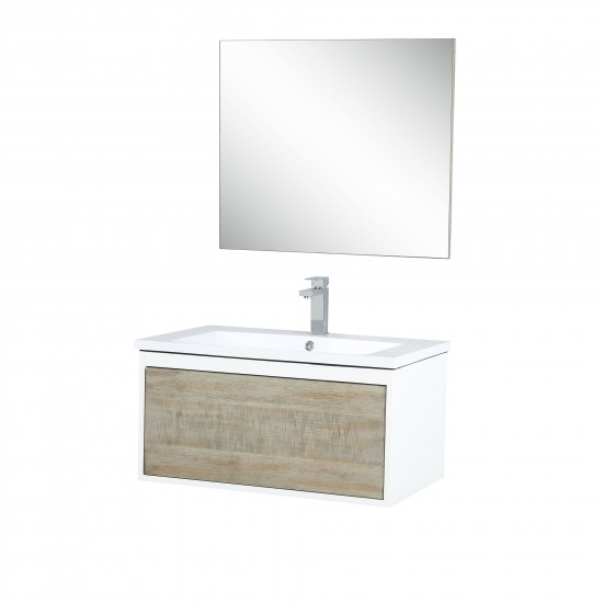 Scopi 30" Rustic Acacia Vanity, Acrylic Composite Top with Integrated Sink, Labaro Rose Gold Faucet Set, and 28" Mirror