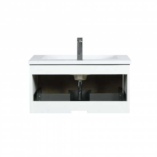 Scopi 30" Rustic Acacia Vanity, Acrylic Composite Top with Integrated Sink, Labaro Rose Gold Faucet Set, and 28" Mirror