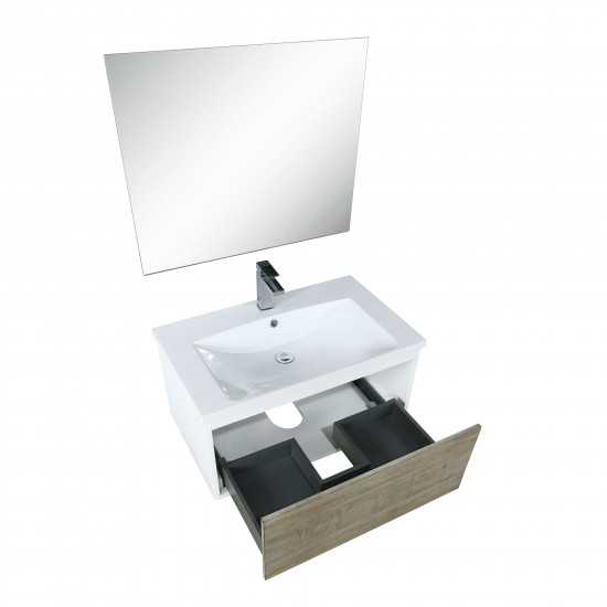 Scopi 30" Rustic Acacia Vanity, Acrylic Composite Top with Integrated Sink, Balzani Gun Metal Faucet Set, and 28" Mirror