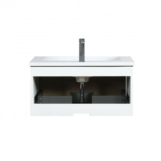 Scopi 30" Rustic Acacia Vanity, Acrylic Composite Top with Integrated Sink, Balzani Gun Metal Faucet Set, and 28" Mirror