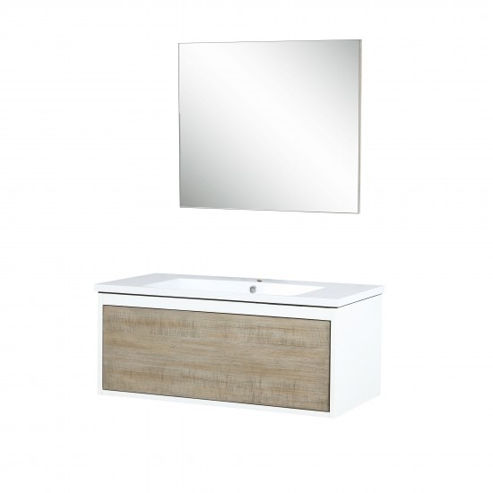 Scopi 36" Rustic Acacia Bathroom Vanity, Acrylic Composite Top with Integrated Sink, and 28" Frameless Mirror