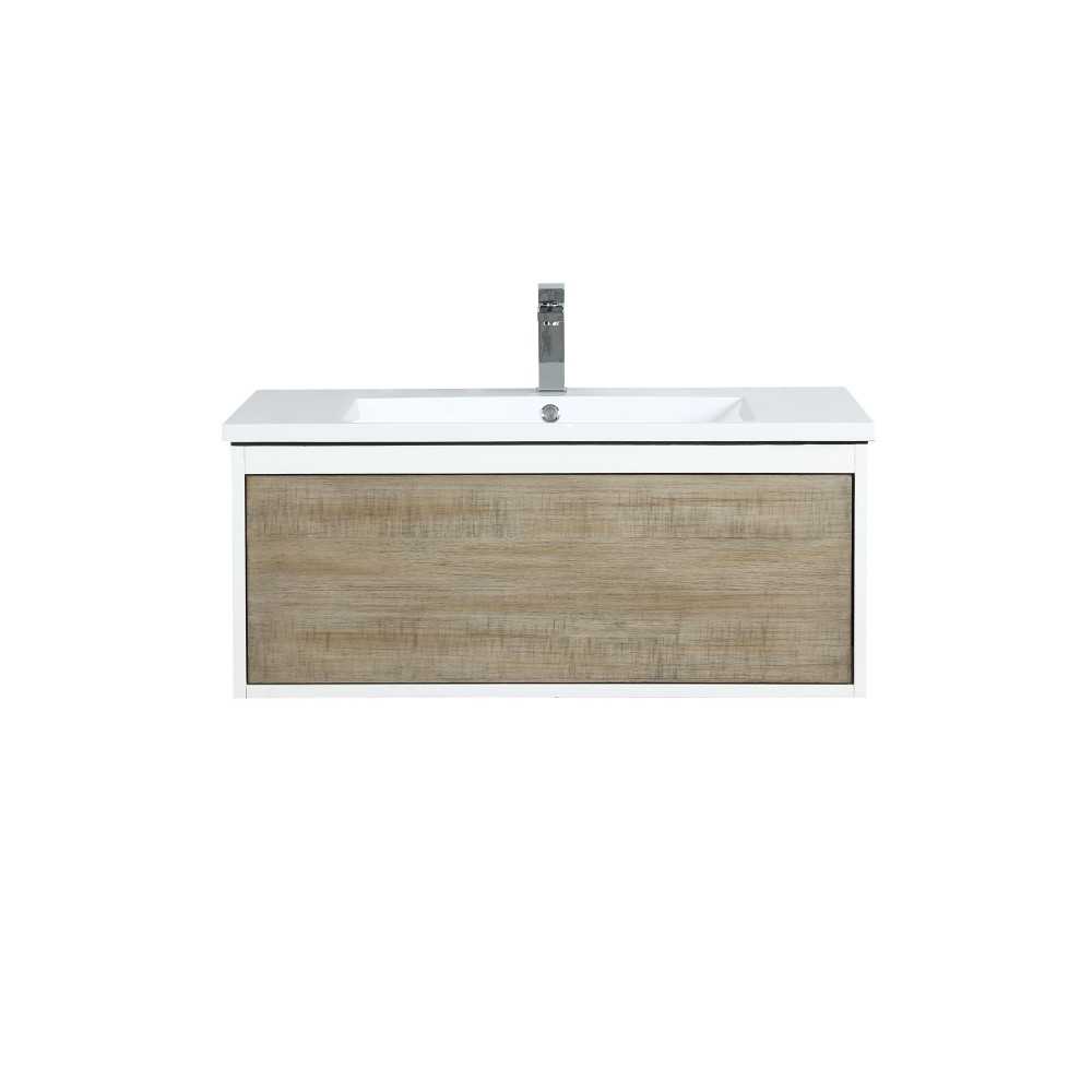 Scopi 36" Rustic Acacia Bathroom Vanity, Acrylic Composite Top with Integrated Sink, and Labaro Brushed Nickel Faucet Set