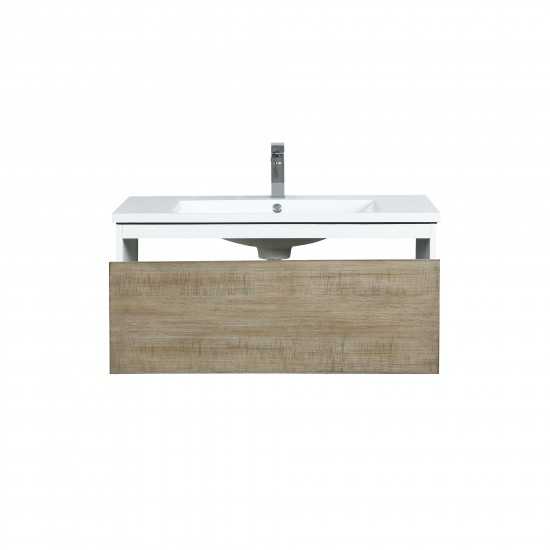 Scopi 36" Rustic Acacia Bathroom Vanity, Acrylic Composite Top with Integrated Sink, and Labaro Brushed Nickel Faucet Set