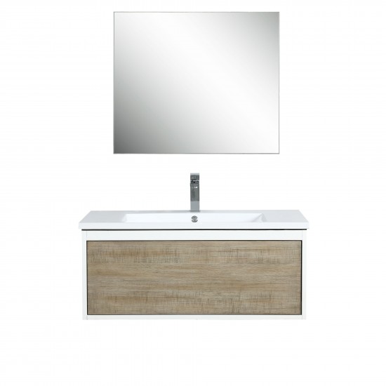 Scopi 36" Rustic Acacia Vanity, Acrylic Composite Top with Integrated Sink, Labaro Brushed Nickel Faucet Set, and 28" Mirror