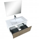 Scopi 36" Rustic Acacia Vanity, Acrylic Composite Top with Integrated Sink, Labaro Brushed Nickel Faucet Set, and 28" Mirror