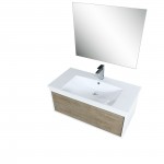 Scopi 36" Rustic Acacia Vanity, Acrylic Composite Top with Integrated Sink, Labaro Brushed Nickel Faucet Set, and 28" Mirror