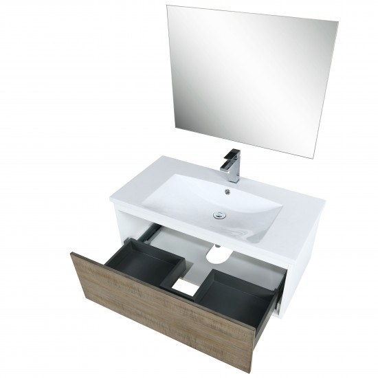 Scopi 36" Rustic Acacia Vanity, Acrylic Composite Top with Integrated Sink, Labaro Brushed Nickel Faucet Set, and 28" Mirror