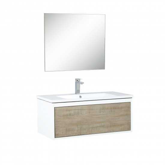 Scopi 36" Rustic Acacia Vanity, Acrylic Composite Top with Integrated Sink, Labaro Brushed Nickel Faucet Set, and 28" Mirror