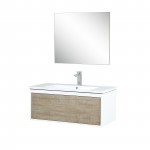 Scopi 36" Rustic Acacia Vanity, Acrylic Composite Top with Integrated Sink, Labaro Brushed Nickel Faucet Set, and 28" Mirror