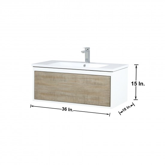 Scopi 36" Rustic Acacia Vanity, Acrylic Composite Top with Integrated Sink, Labaro Brushed Nickel Faucet Set, and 28" Mirror