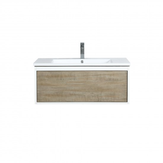 Scopi 36" Rustic Acacia Bathroom Vanity, Acrylic Composite Top with Integrated Sink, and Labaro Rose Gold Faucet Set