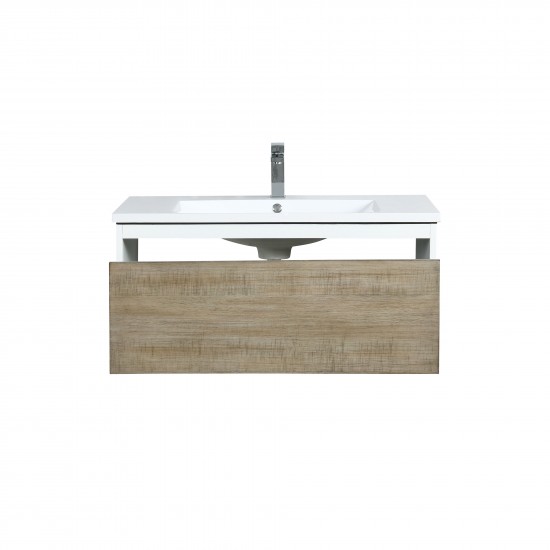 Scopi 36" Rustic Acacia Bathroom Vanity, Acrylic Composite Top with Integrated Sink, and Labaro Rose Gold Faucet Set