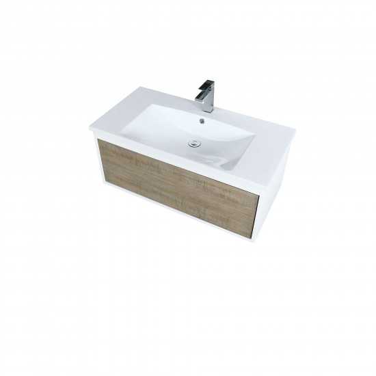 Scopi 36" Rustic Acacia Bathroom Vanity, Acrylic Composite Top with Integrated Sink, and Labaro Rose Gold Faucet Set