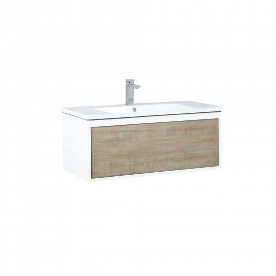 Scopi 36" Rustic Acacia Bathroom Vanity, Acrylic Composite Top with Integrated Sink, and Labaro Rose Gold Faucet Set