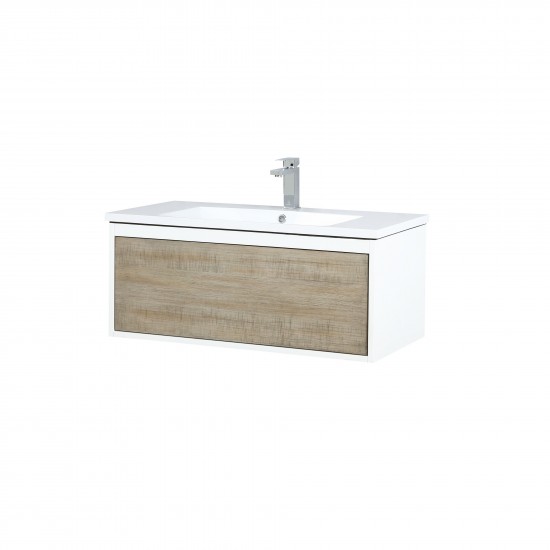 Scopi 36" Rustic Acacia Bathroom Vanity, Acrylic Composite Top with Integrated Sink, and Labaro Rose Gold Faucet Set