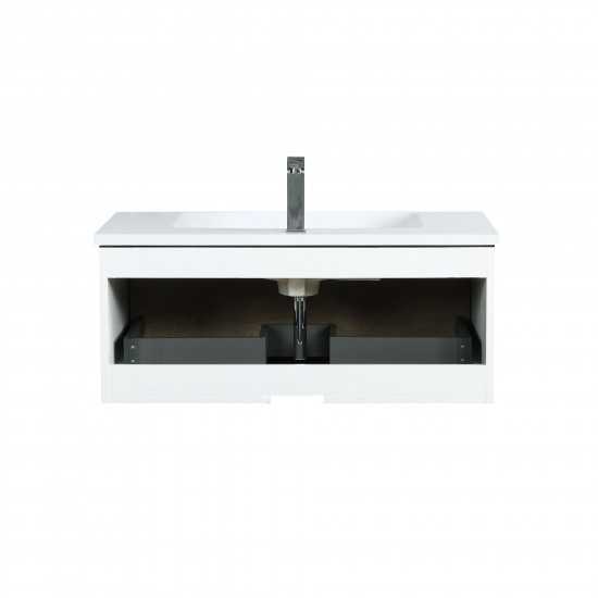 Scopi 36" Rustic Acacia Bathroom Vanity, Acrylic Composite Top with Integrated Sink, and Labaro Rose Gold Faucet Set